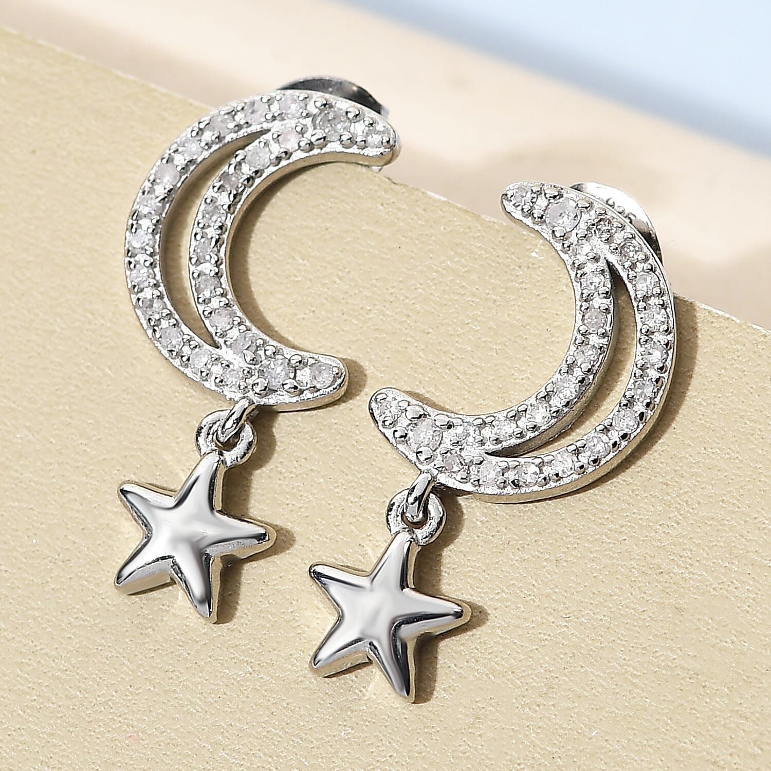 Diamond Moon Star Earrings (with Push Back) in Platinum Overlay Sterling Silver 0.32 Ct.