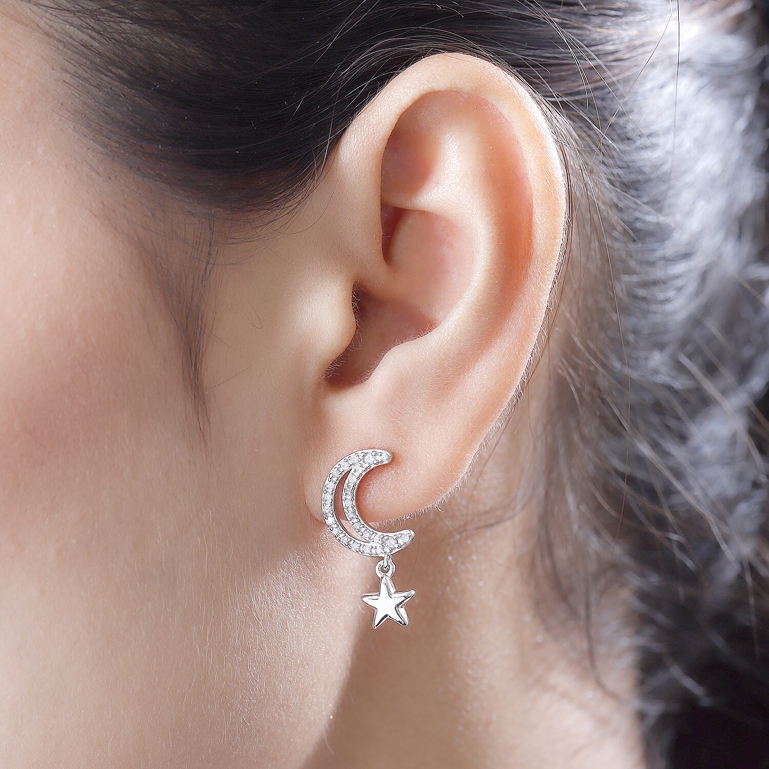 Diamond Moon Star Earrings (with Push Back) in Platinum Overlay Sterling Silver 0.32 Ct.