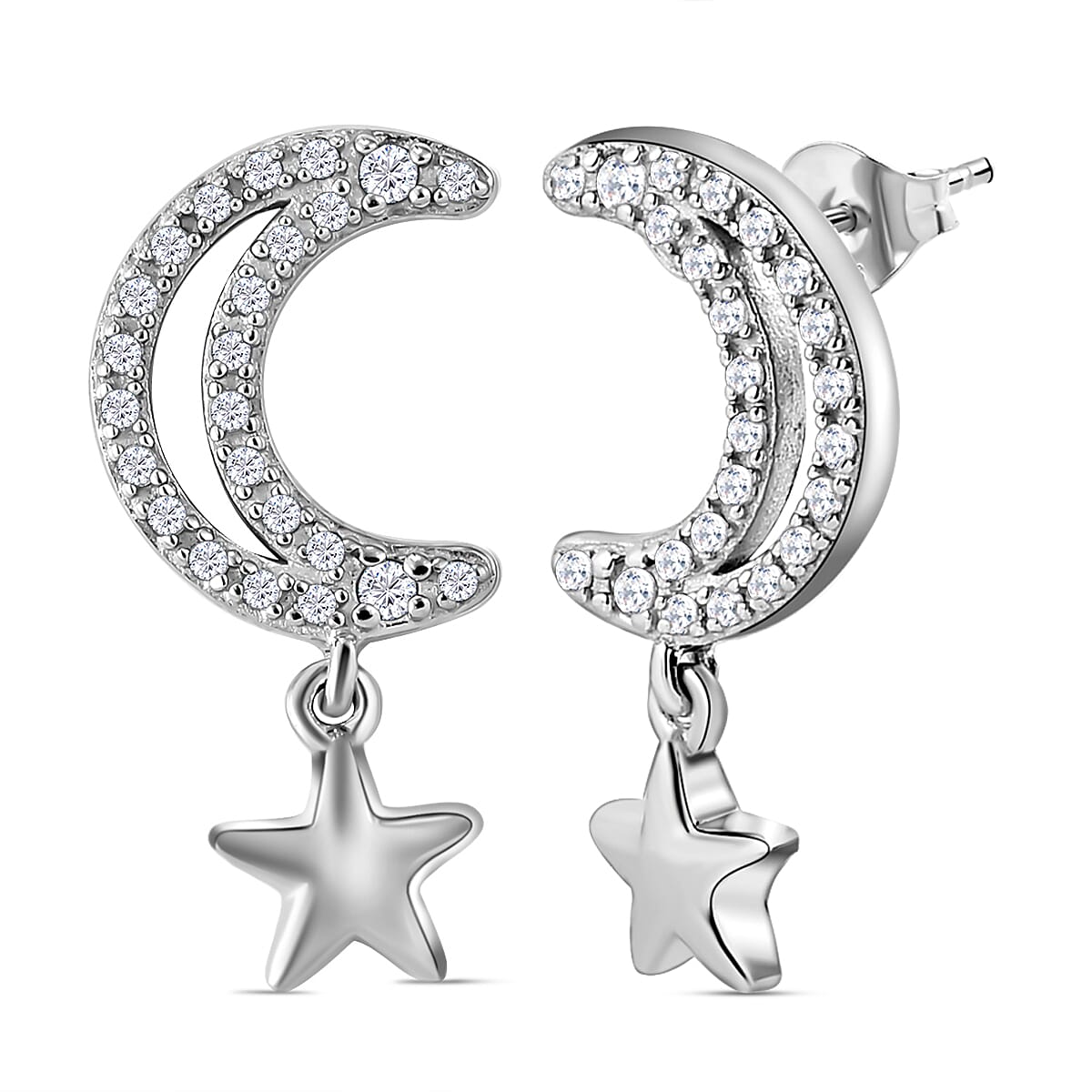 Diamond Moon Star Earrings (with Push Back) in Platinum Overlay Sterling Silver 0.32 Ct.