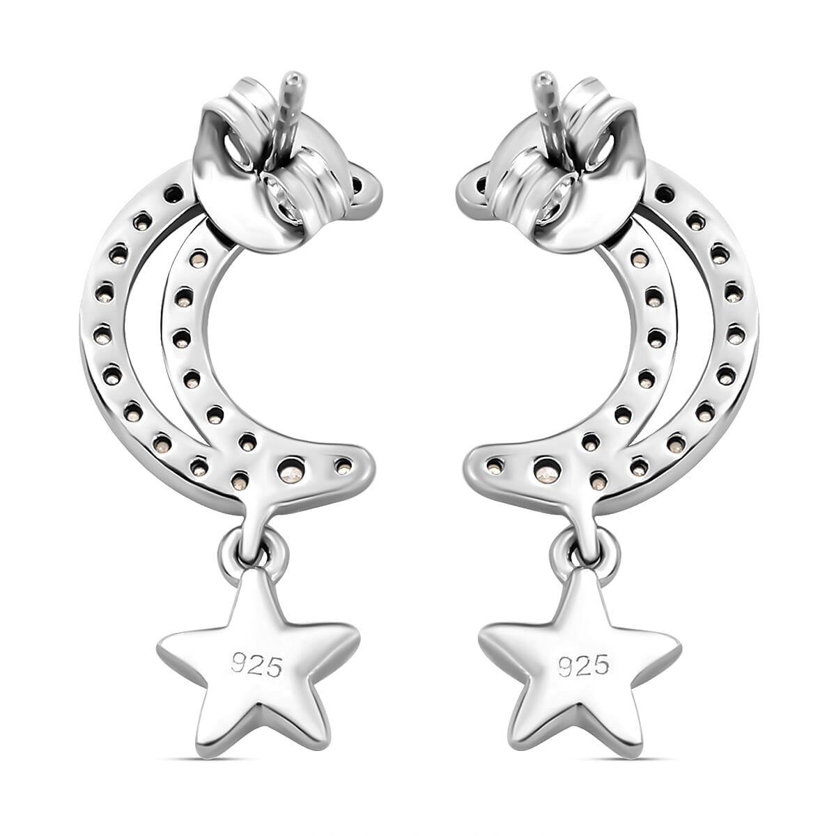 Diamond Moon Star Earrings (with Push Back) in Platinum Overlay Sterling Silver 0.32 Ct.
