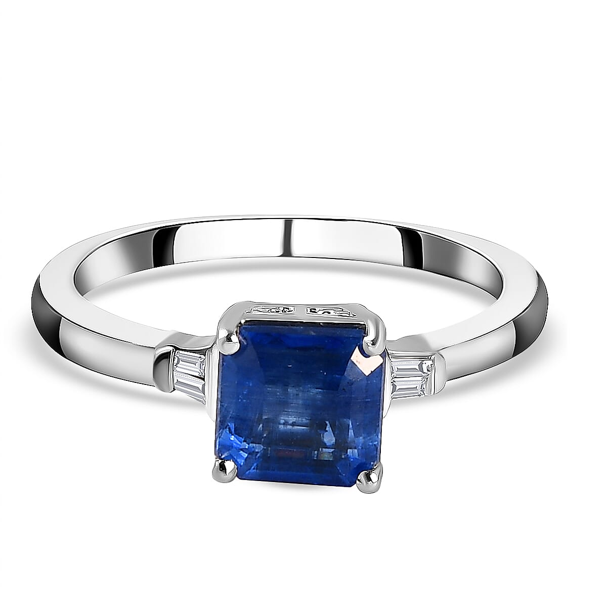 Kashmir Kyanite (Asscher Cut) and Diamond Ring in Platinum Overlay Sterling Silver 1.47 Ct.