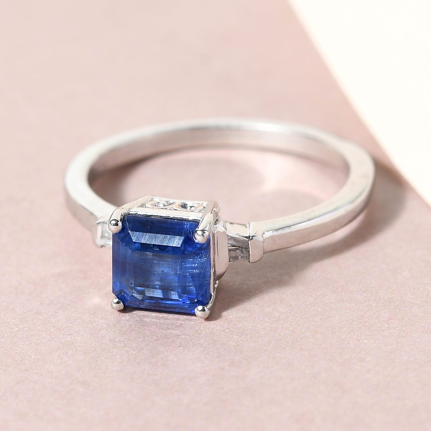 Kashmir Kyanite (Asscher Cut) and Diamond Ring in Platinum Overlay Sterling Silver 1.47 Ct.