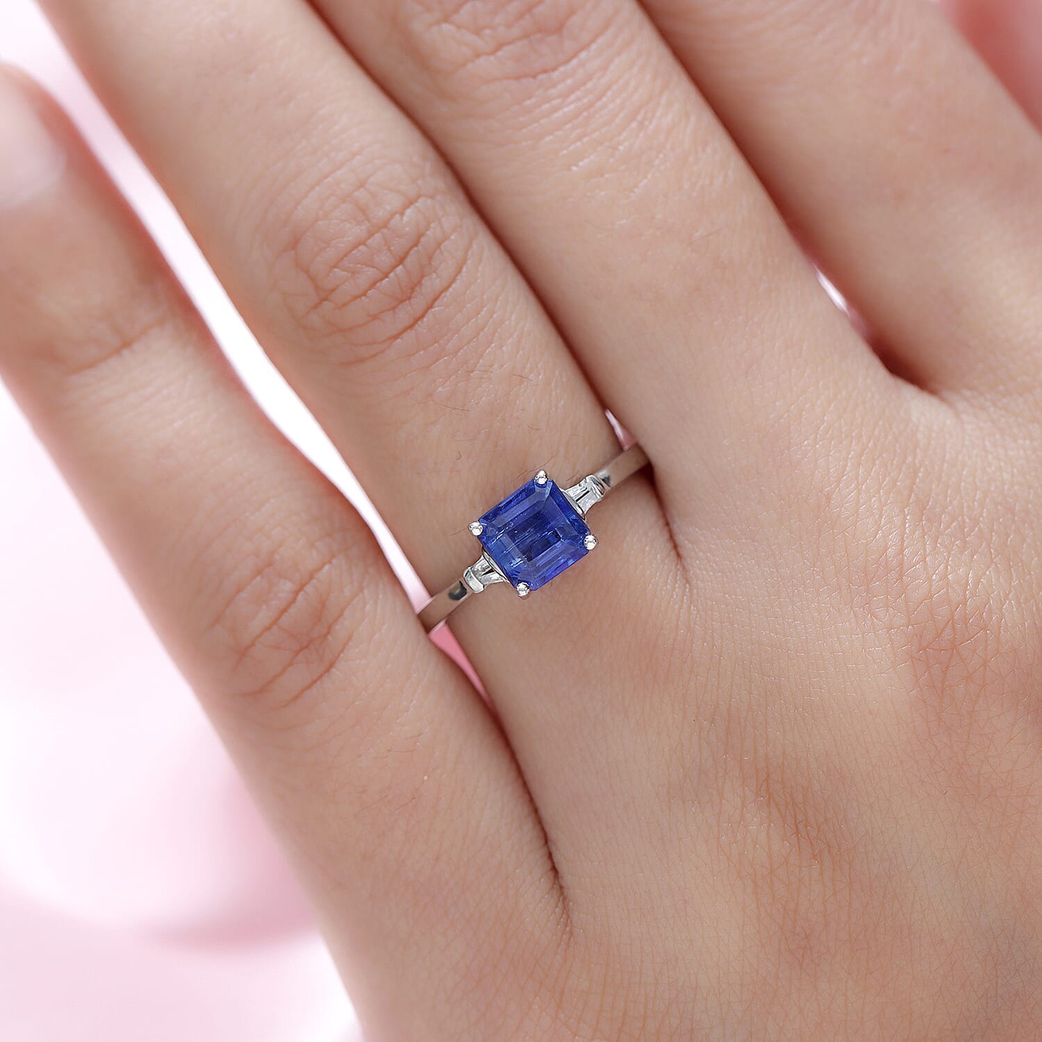 Kashmir Kyanite (Asscher Cut) and Diamond Ring in Platinum Overlay Sterling Silver 1.47 Ct.