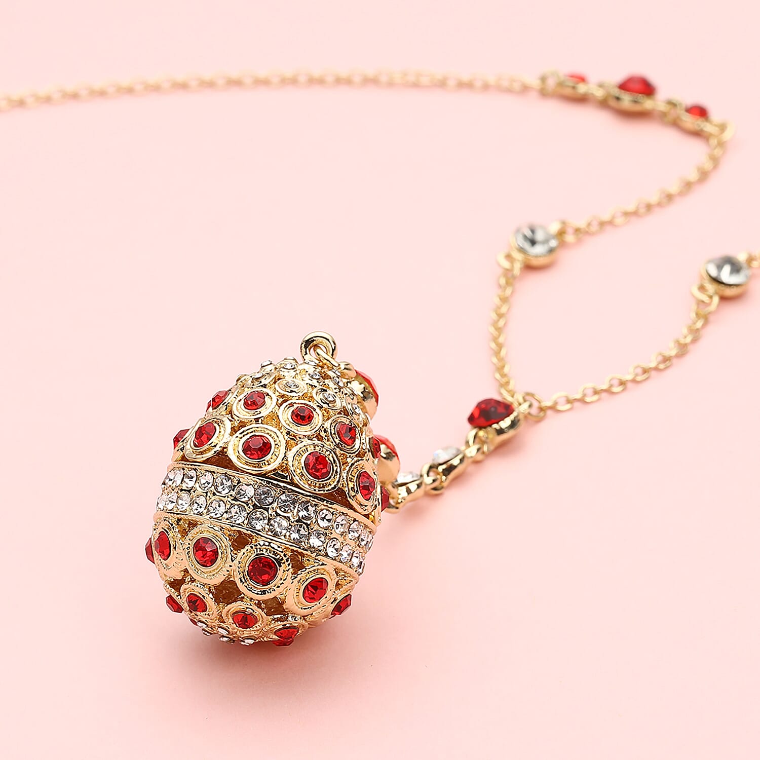 White and Red Austrian Crystal Easter Egg Necklace (Size - 23 With 2 Inch  Extender ) in Yellow Gold Tone