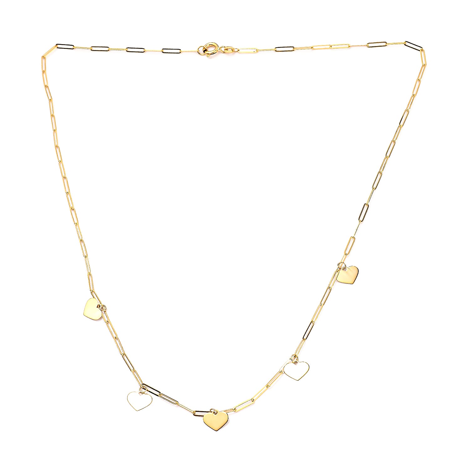Maestro Collection - 9K Yellow Gold Heart Station Paperclip Necklace (Size - 18) With Spring Ring Clasp