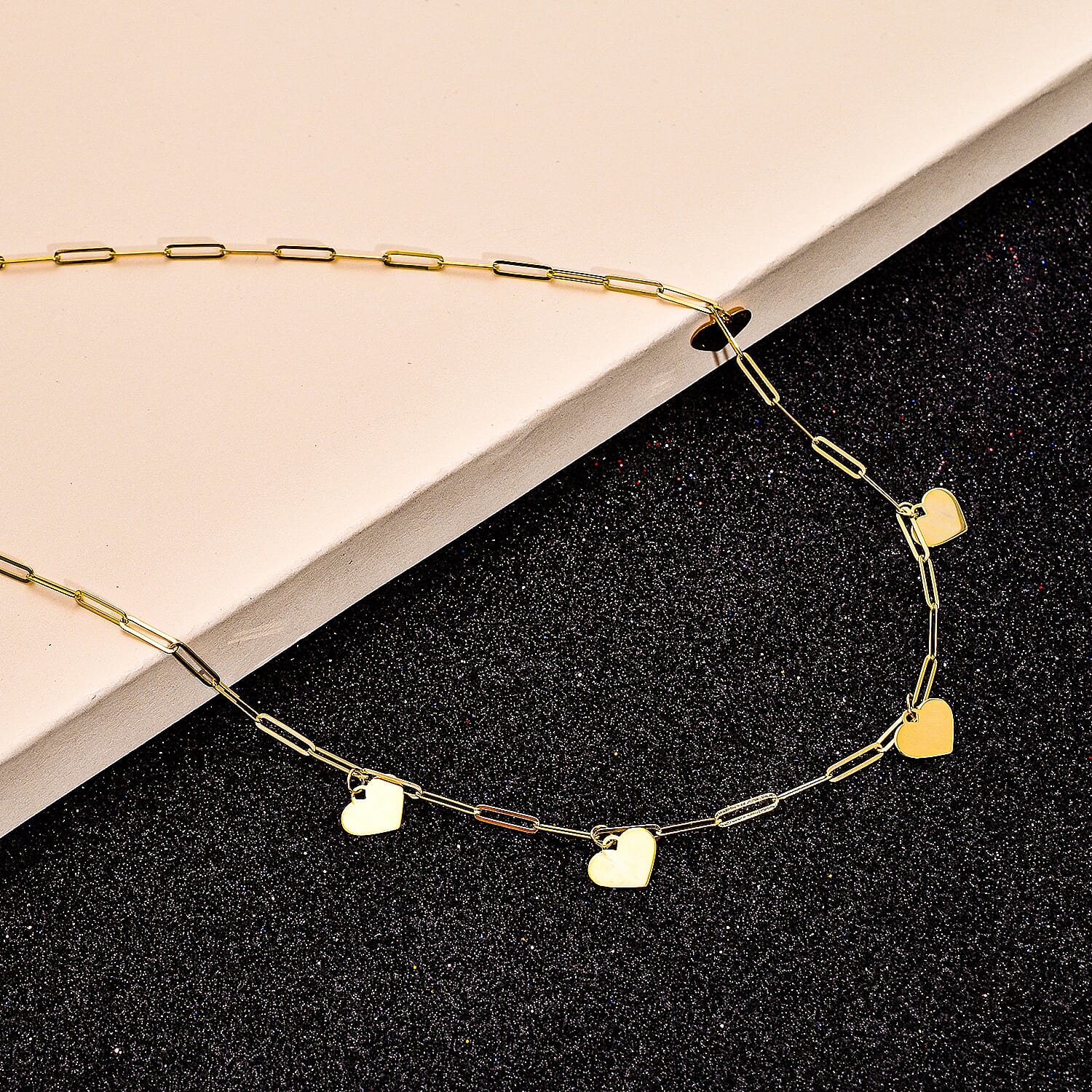 Maestro Collection - 9K Yellow Gold Heart Station Paperclip Necklace (Size - 18) With Spring Ring Clasp