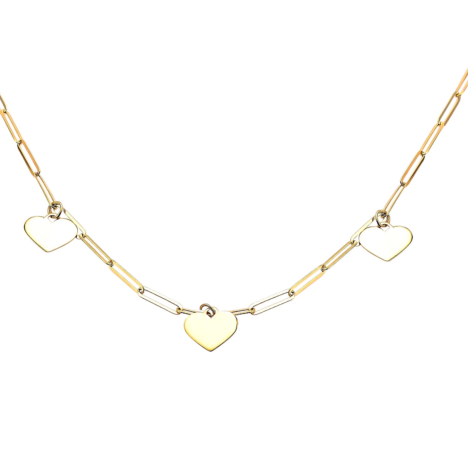 Maestro Collection - 9K Yellow Gold Heart Station Paperclip Necklace (Size - 18) With Spring Ring Clasp