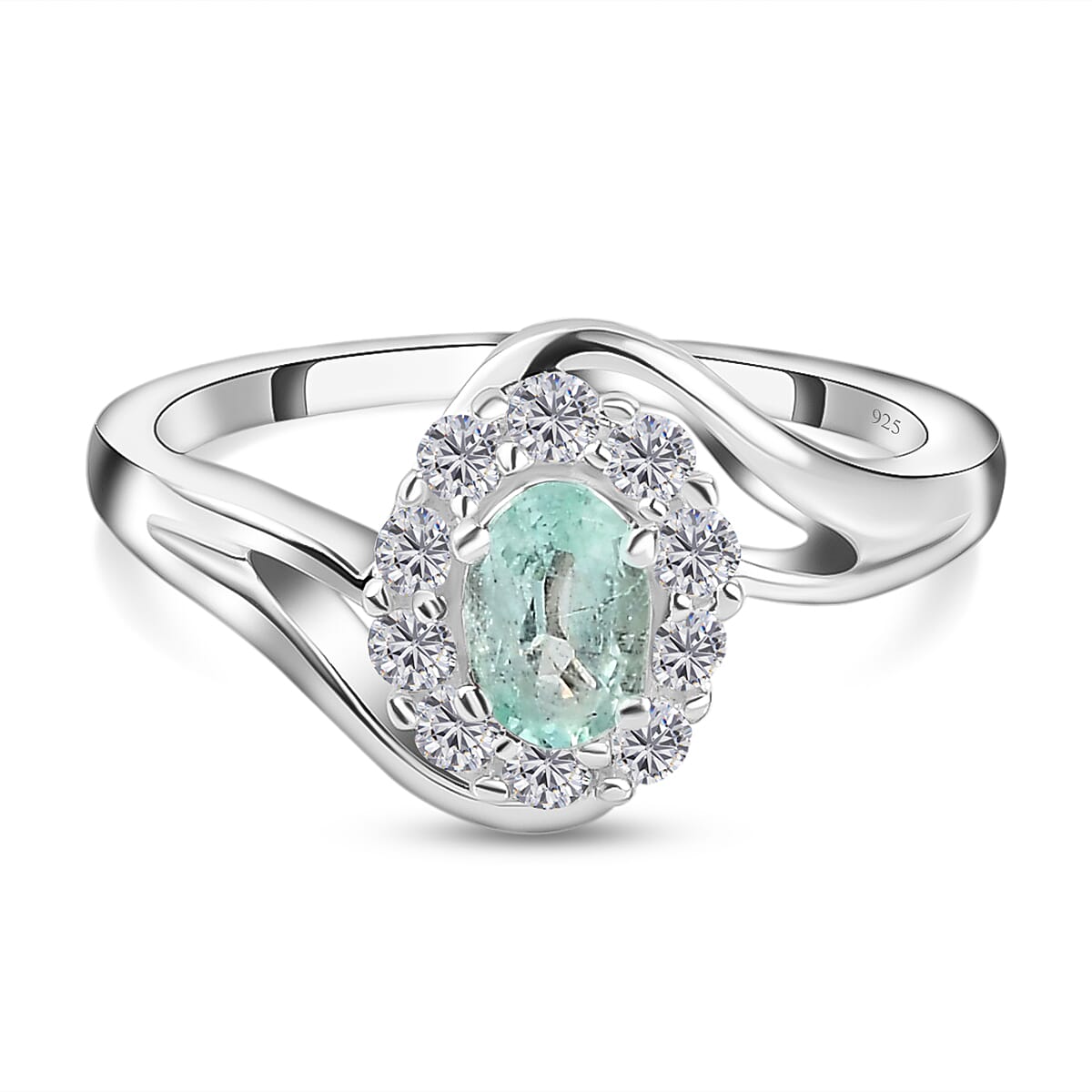 Boyaca Colombian Emerald and Natural Zircon Bypass Ring in Platinum Overlay Sterling Silver