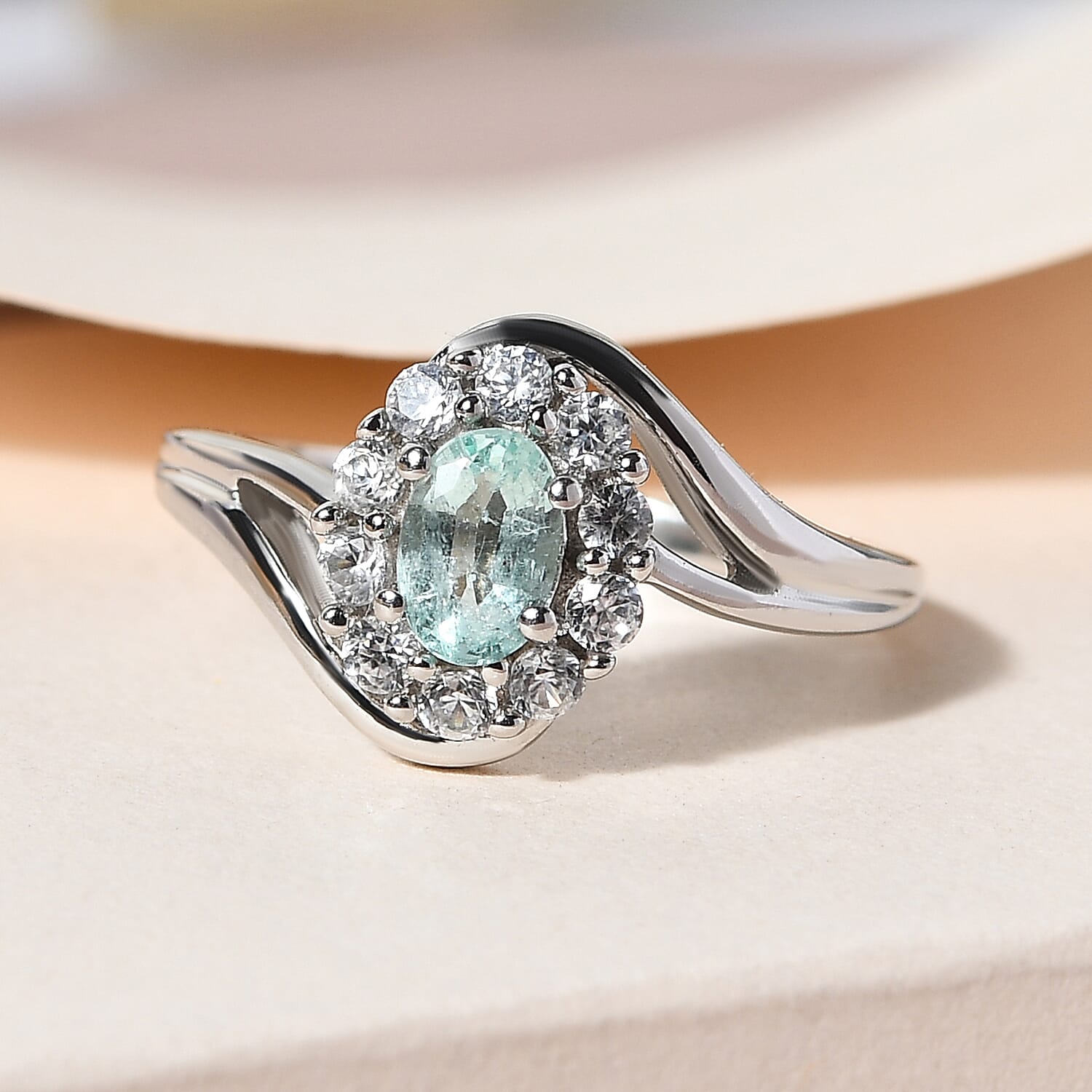 Boyaca Colombian Emerald and Natural Zircon Bypass Ring in Platinum Overlay Sterling Silver