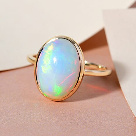 14K Yellow Gold AAA Ethiopian Welo Opal Solitaire Ring 4.00 Ct.
