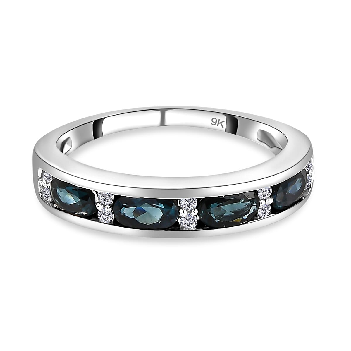 9K White Gold Monte Belo Indicolite and Diamond Half Eternity Band Ring 1.00 Ct.