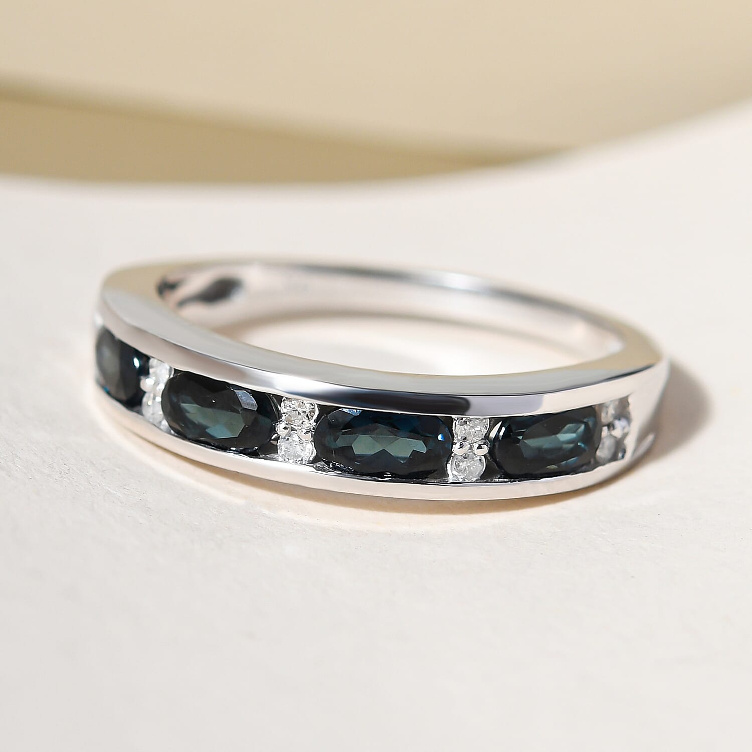 9K White Gold Monte Belo Indicolite and Diamond Half Eternity Band Ring 1.00 Ct.