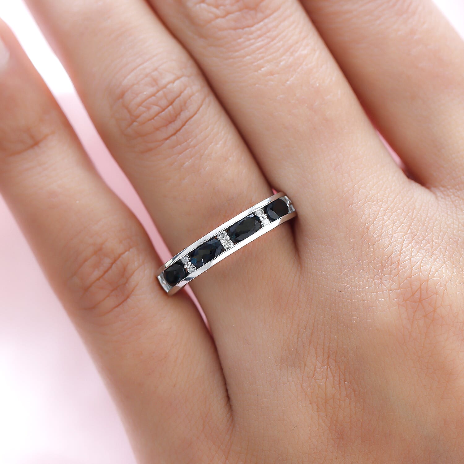 9K White Gold Monte Belo Indicolite and Diamond Half Eternity Band Ring 1.00 Ct.