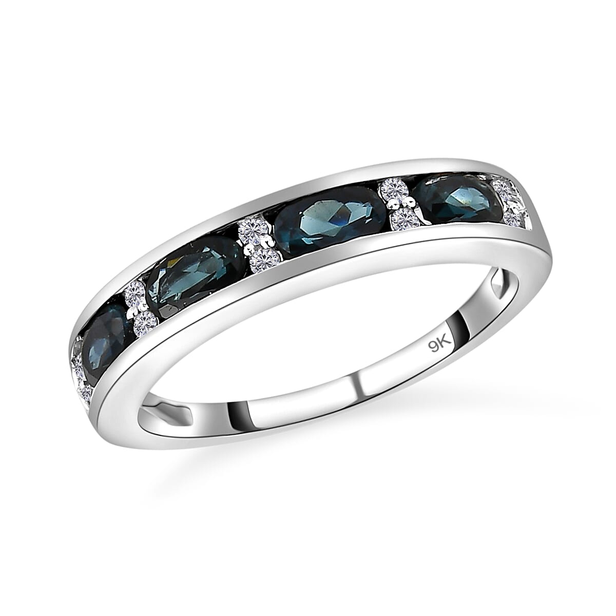 9K White Gold Monte Belo Indicolite and Diamond Half Eternity Band Ring 1.00 Ct.