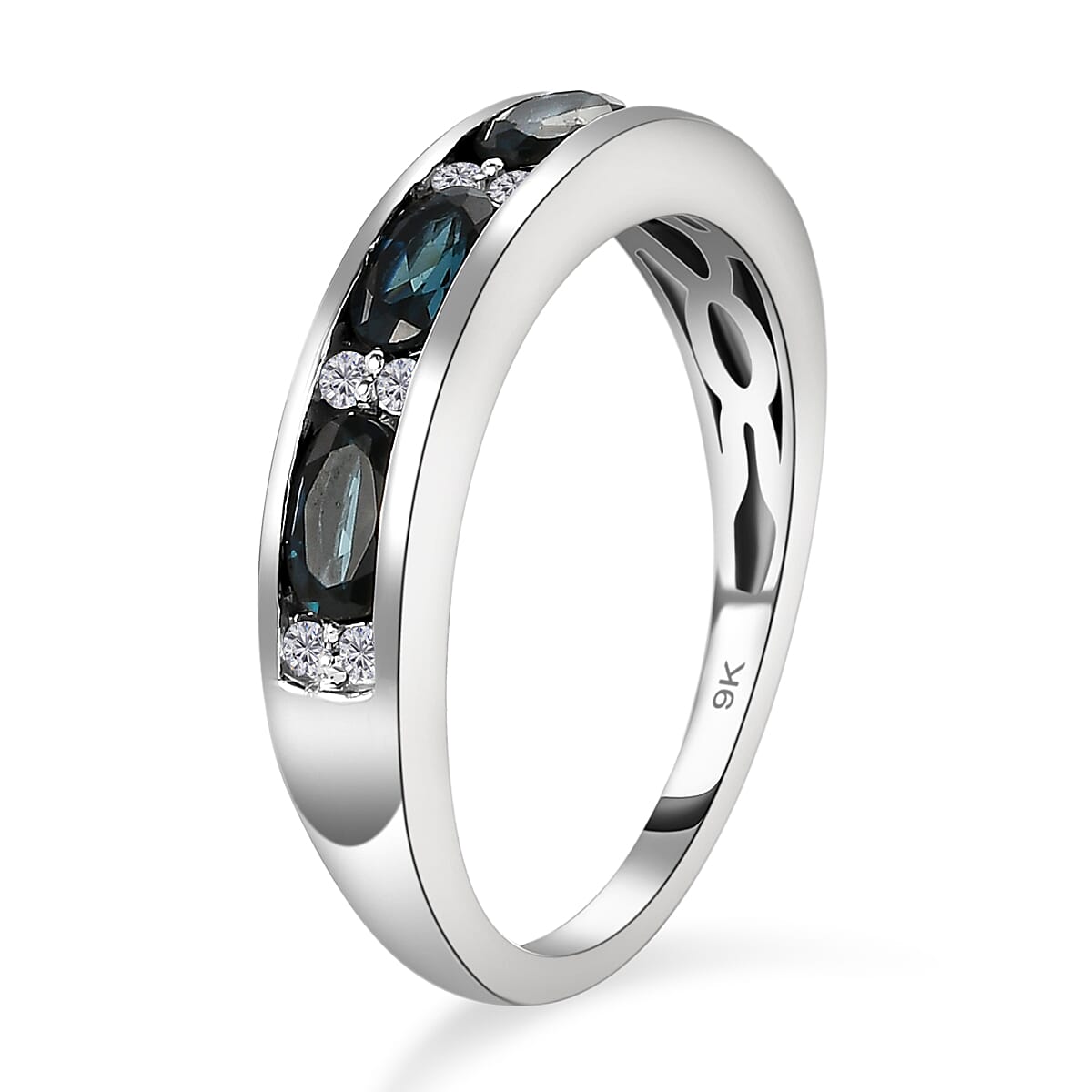 9K White Gold Monte Belo Indicolite and Diamond Half Eternity Band Ring 1.00 Ct.