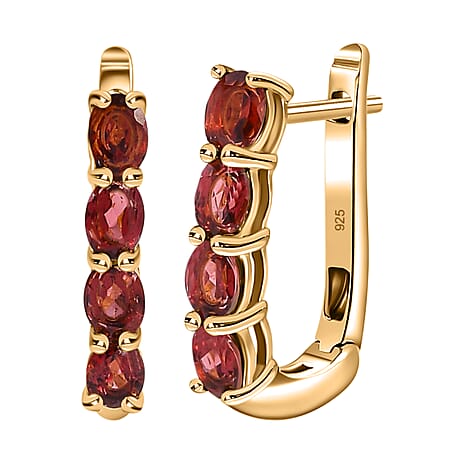 Mozambique Garnet Hoop Earrings with Clasp in 18K Vermeil Yellow Gold Plated Sterling Silver 1.90 Ct.