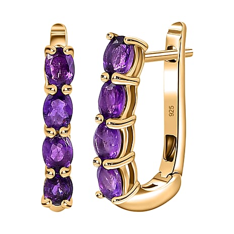 Amethyst Hoop Earrings with Clasp in 18K Vermeil Yellow Gold Plated Sterling Silver 1.27 Ct.