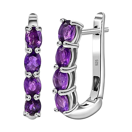 Amethyst Hoop Earrings With Clasp in Platinum Overlay Sterling Silver 1.18 Ct.