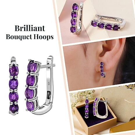 Amethyst Hoop Earrings With Clasp in Platinum Overlay Sterling Silver 1.18 Ct.