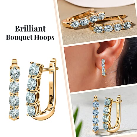 Aquamarine Hoop Earrings in 18K Vermeil Yellow Gold Plated in Sterling Silver 1.22 Ct.