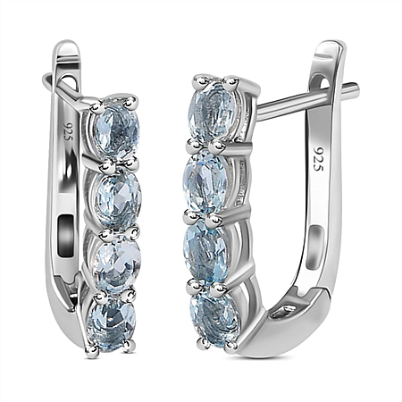 Aquamarine March Birthstone Hoop Earrings in Sterling Silver with Platinum Plated