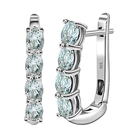 Aquamarine March Birthstone Hoop Earrings in Sterling Silver with Platinum Plated