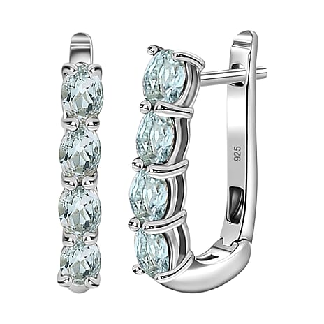 Aquamarine Hoop Earrings in Platinum Overlay Sterling Silver 1.22 Ct.