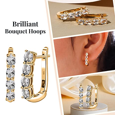 White Topaz Hoop Earrings with Clasp in 18K Vermeil Yellow Gold Plated Sterling Silver 1.70 Ct.