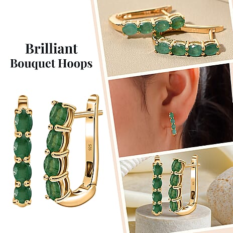 Socoto Emerald Hoop Earring with Clasp in 18K Vermeil Yellow Gold Plated Sterling Silver 1.51 Ct.