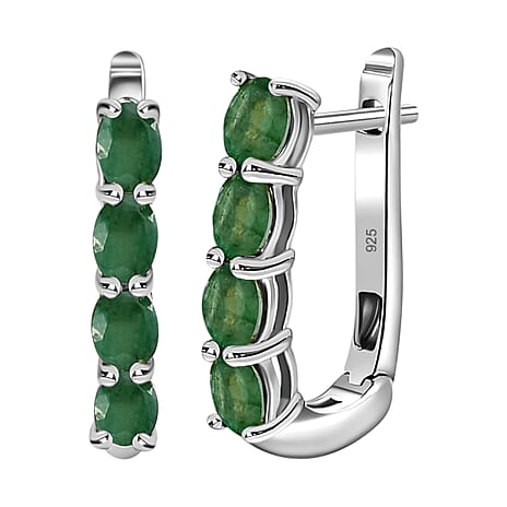 Socoto Emerald Hoop Earrings with Clasp in Platinum Overlay Sterling Silver 1.27 Ct.