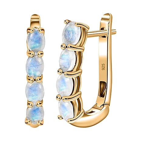 Rainbow Moonstone Hoop Earrings with Clasp in 18K Vermeil Yellow Gold Plated Sterling Silver 1.67 Ct.