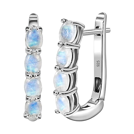 Rainbow Moonstone Hoop Earrings with Clasp in Platinum Overlay Sterling Silver 2.00 Ct.