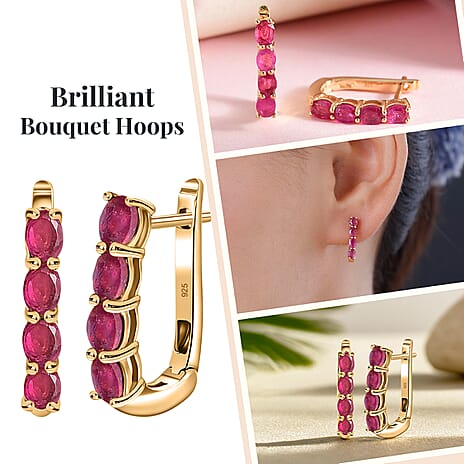 African Ruby Hoop Earrings with Clasp in 18K Vermeil Yellow Gold Plated Sterling Silver 2.11 Ct.