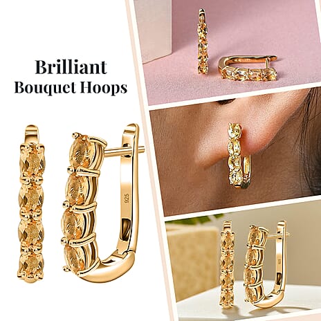 Citrine Hoop Earrings with Clasp in 18K Vermeil Yellow Gold Plated Sterling Silver 1.22 Ct.