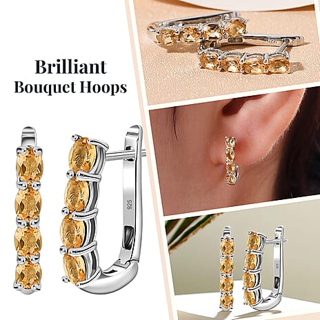 Citrine Hoop Earrings with Clasp in Platinum Overlay Sterling Silver 1.22 Ct.