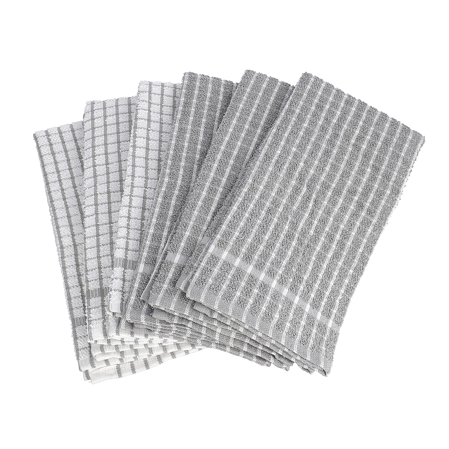 6 Piece Set- 100% Cotton White and Grey Checked Tea Towels (45Lx63Wcm)