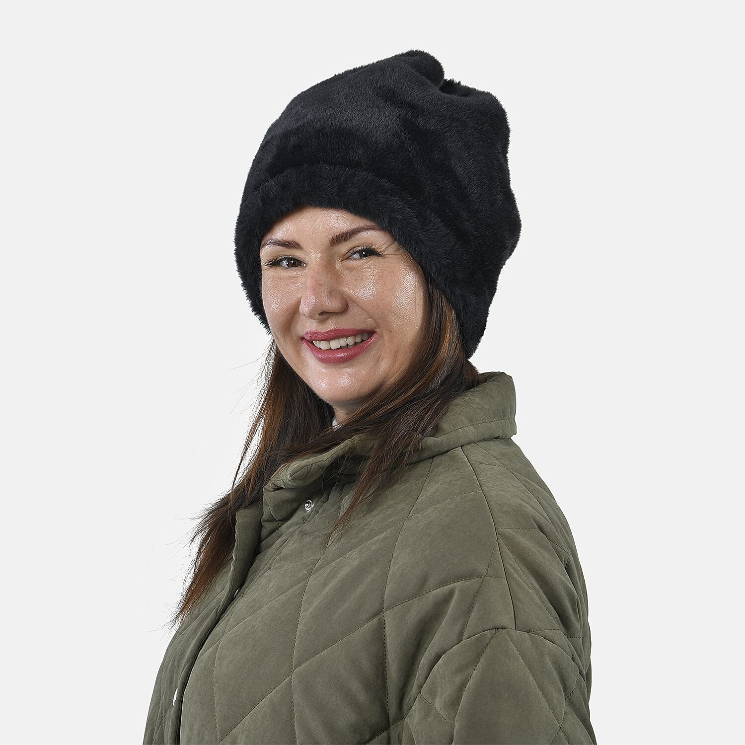 2 in 1 Infinity Faux Fur Scarf and Hat (Size 35x28 Cm) - Black