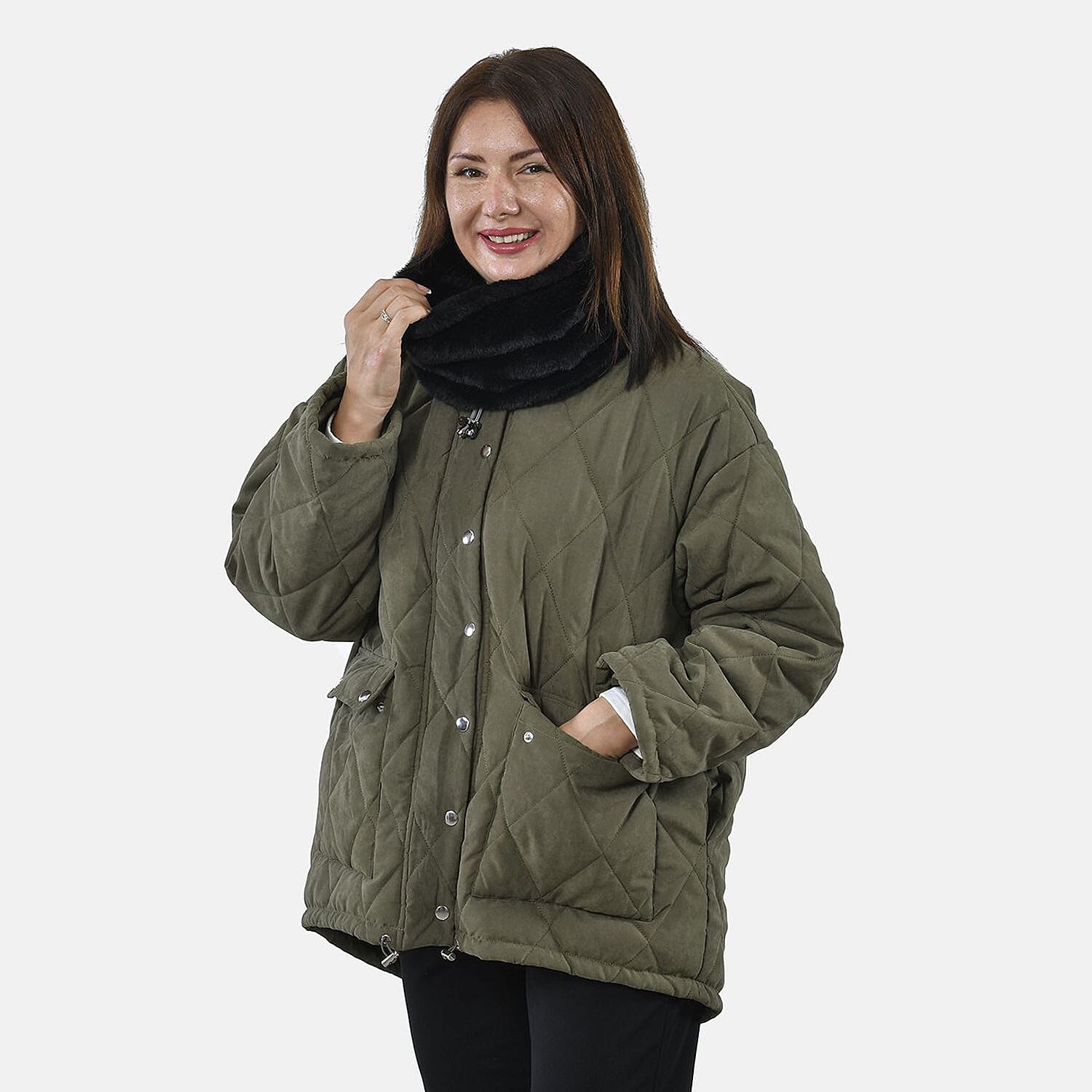 Faux Fur Snood with Drawstring (Size 35x28 Cm) - Black