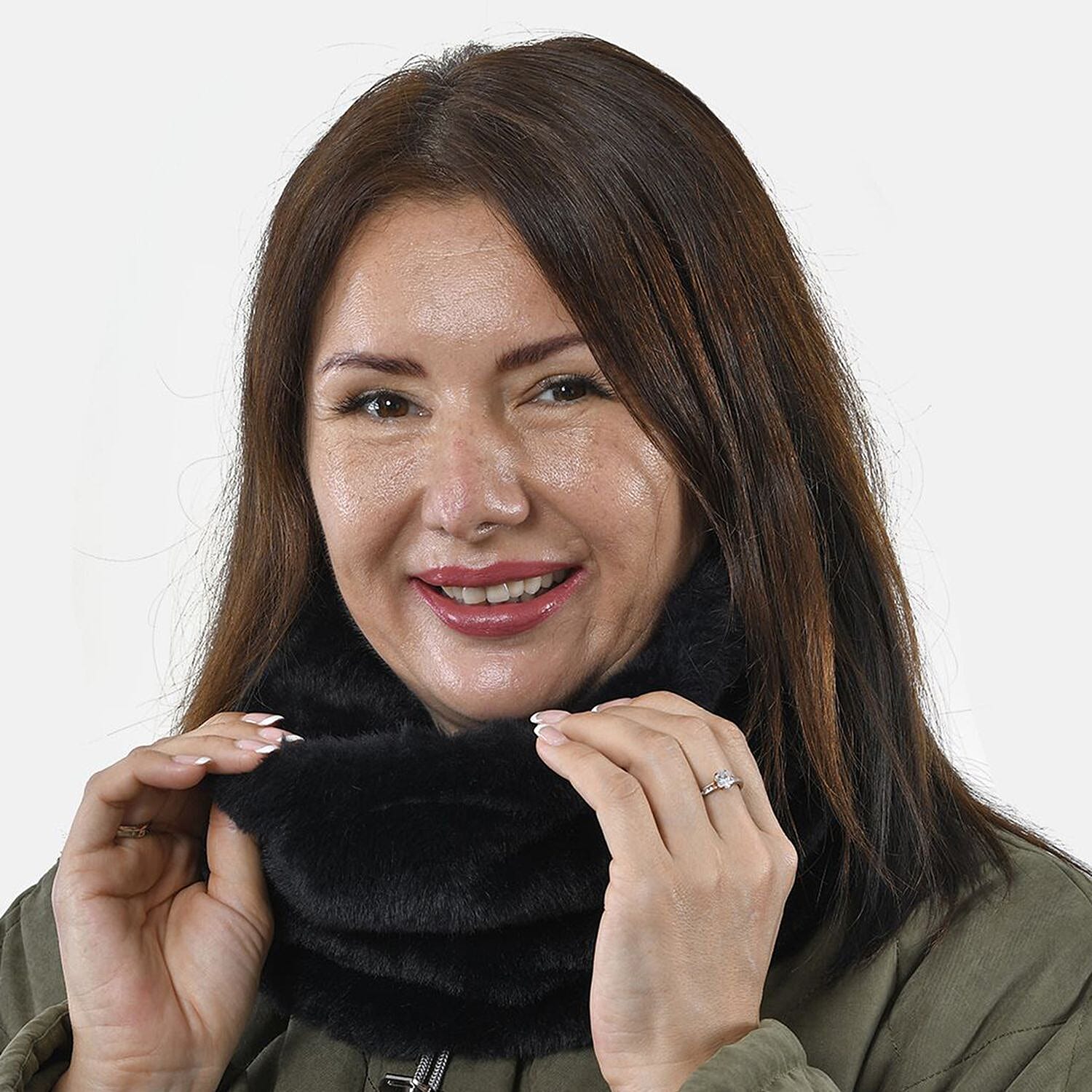 Faux Fur Snood with Drawstring (Size 35x28 Cm) - Black