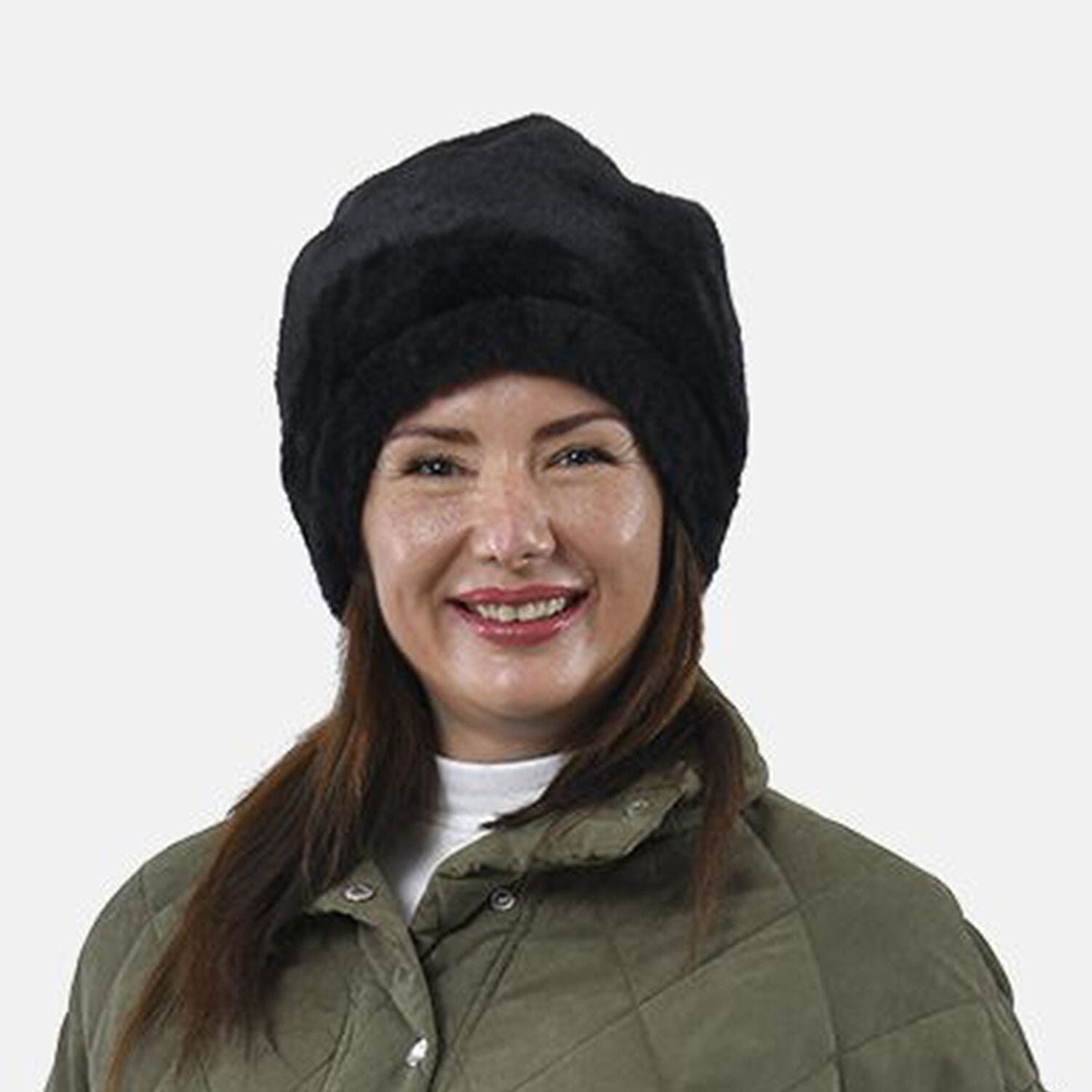 Faux Fur Snood with Drawstring (Size 35x28 Cm) - Black