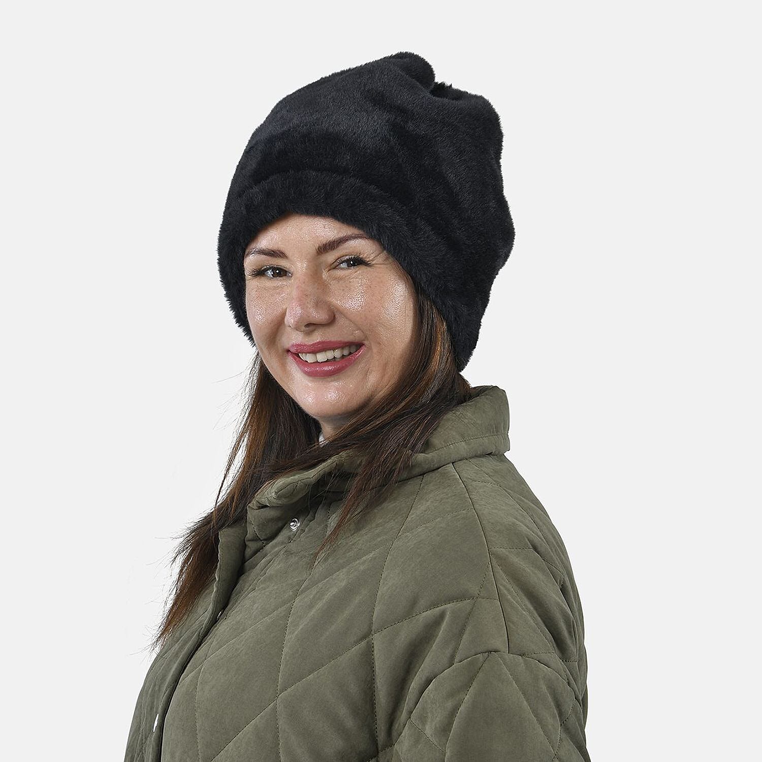 Faux Fur Snood with Drawstring (Size 35x28 Cm) - Black