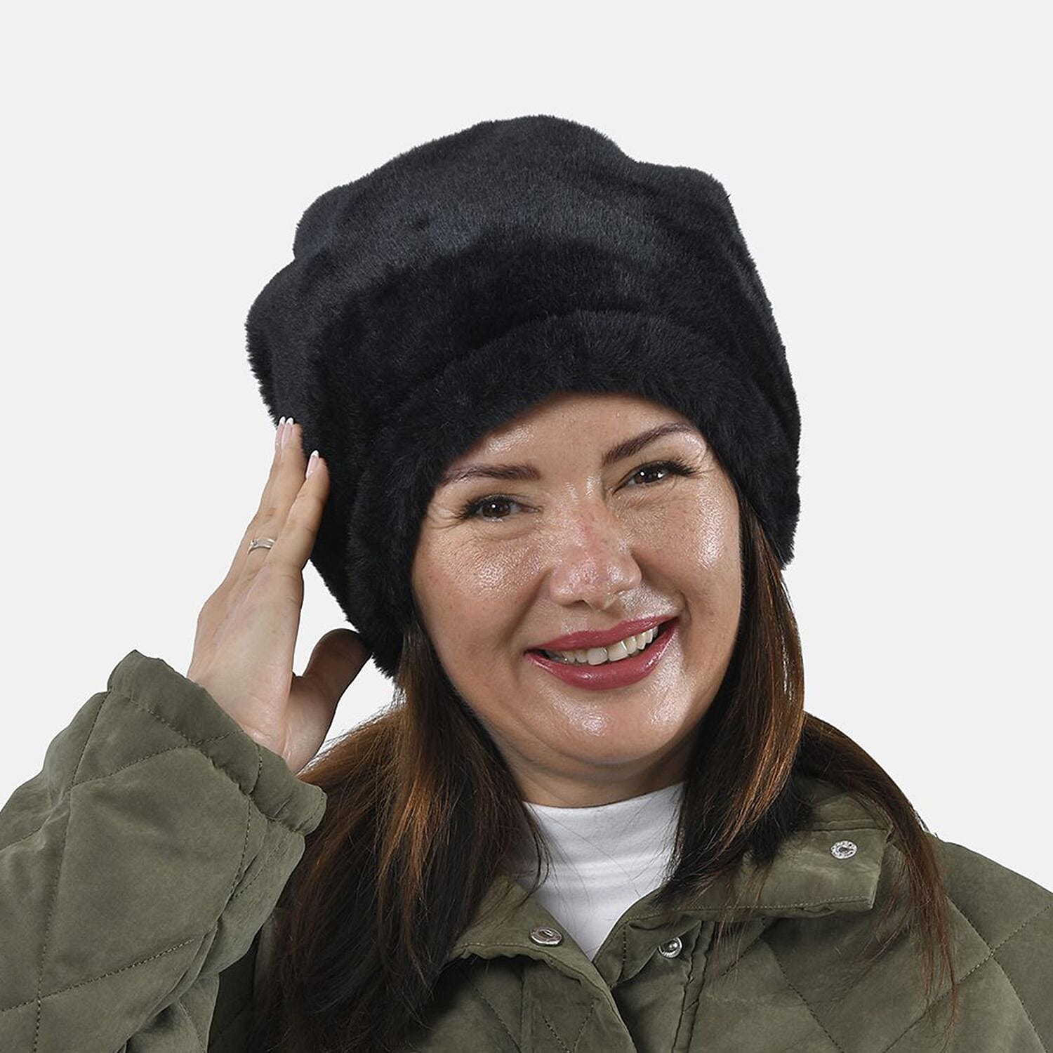 Faux Fur Snood with Drawstring (Size 35x28 Cm) - Black