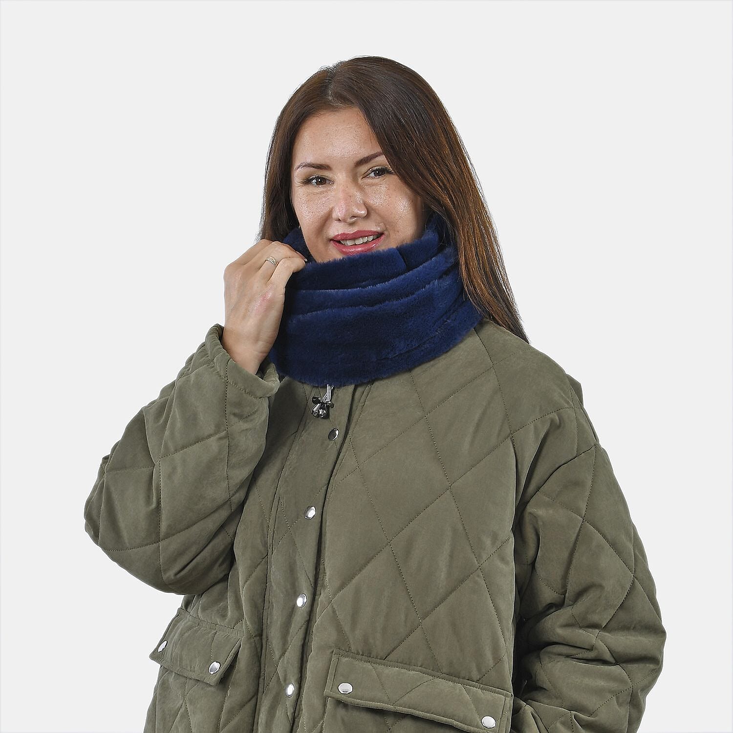 Faux Fur Snood with Drawstring (Size 35x28 Cm) - Navy