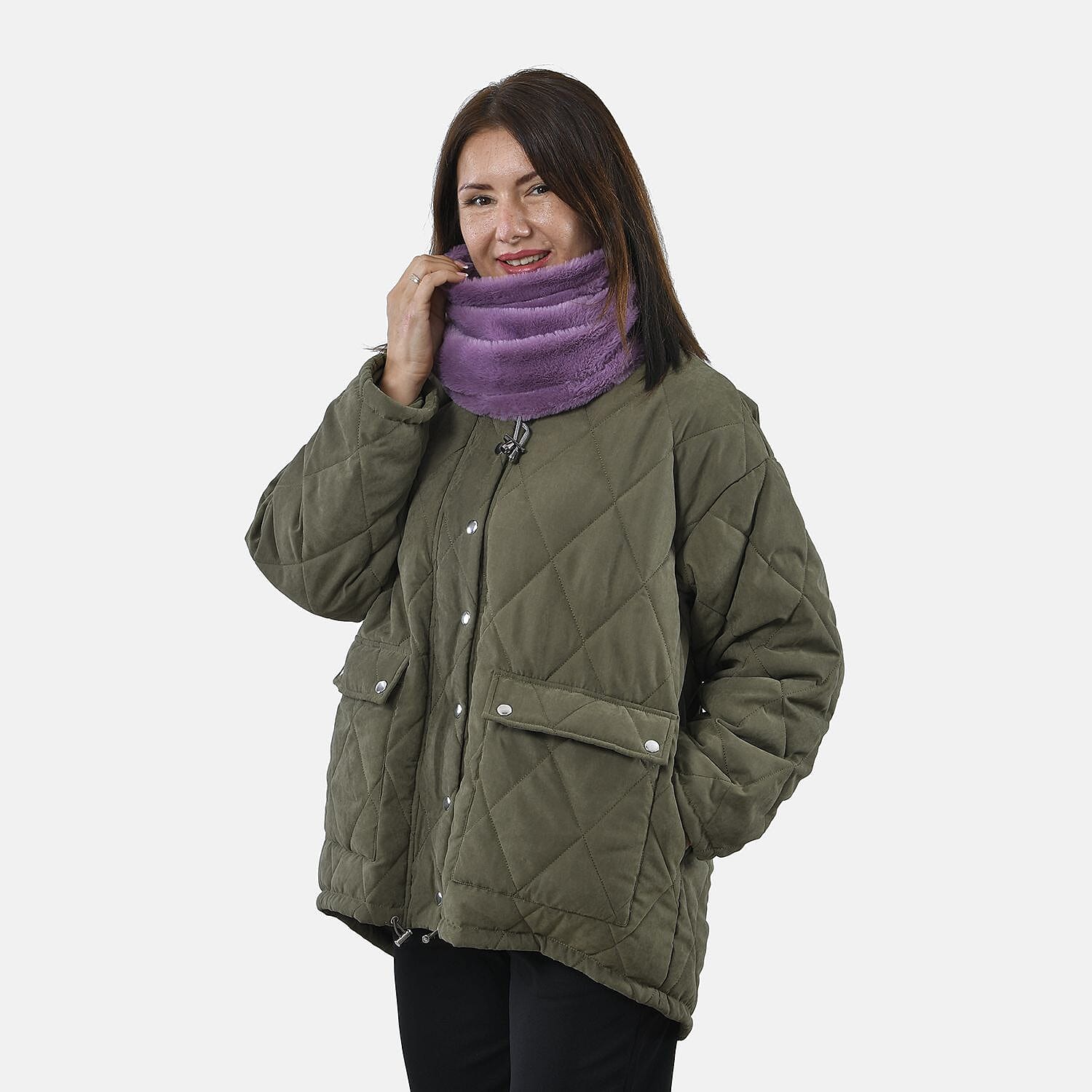 Faux Fur Snood with Drawstring (Size 35x28 Cm) - Purple