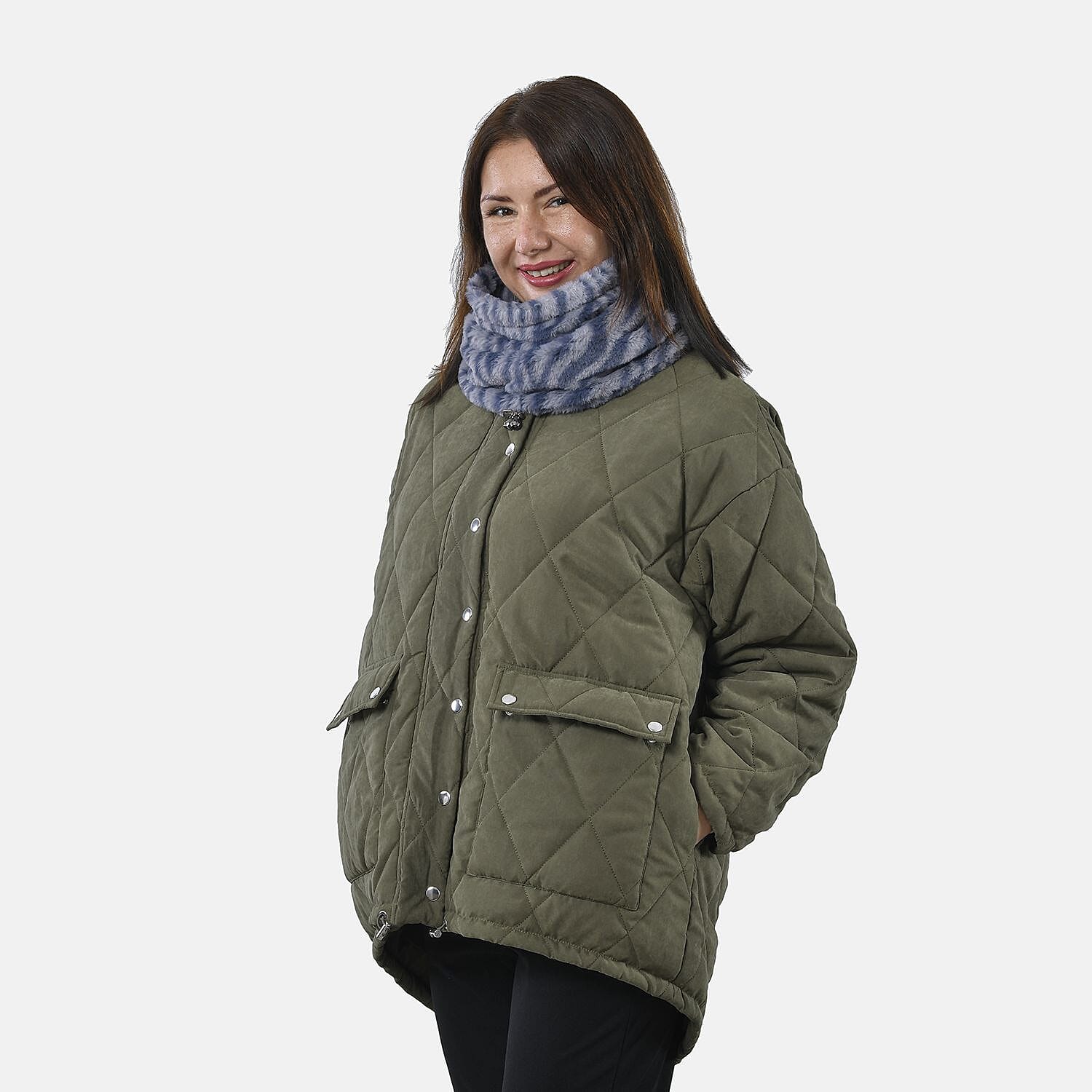 Faux Fur Snood with Drawstring (Size 35x28 Cm) - Grey & Blue