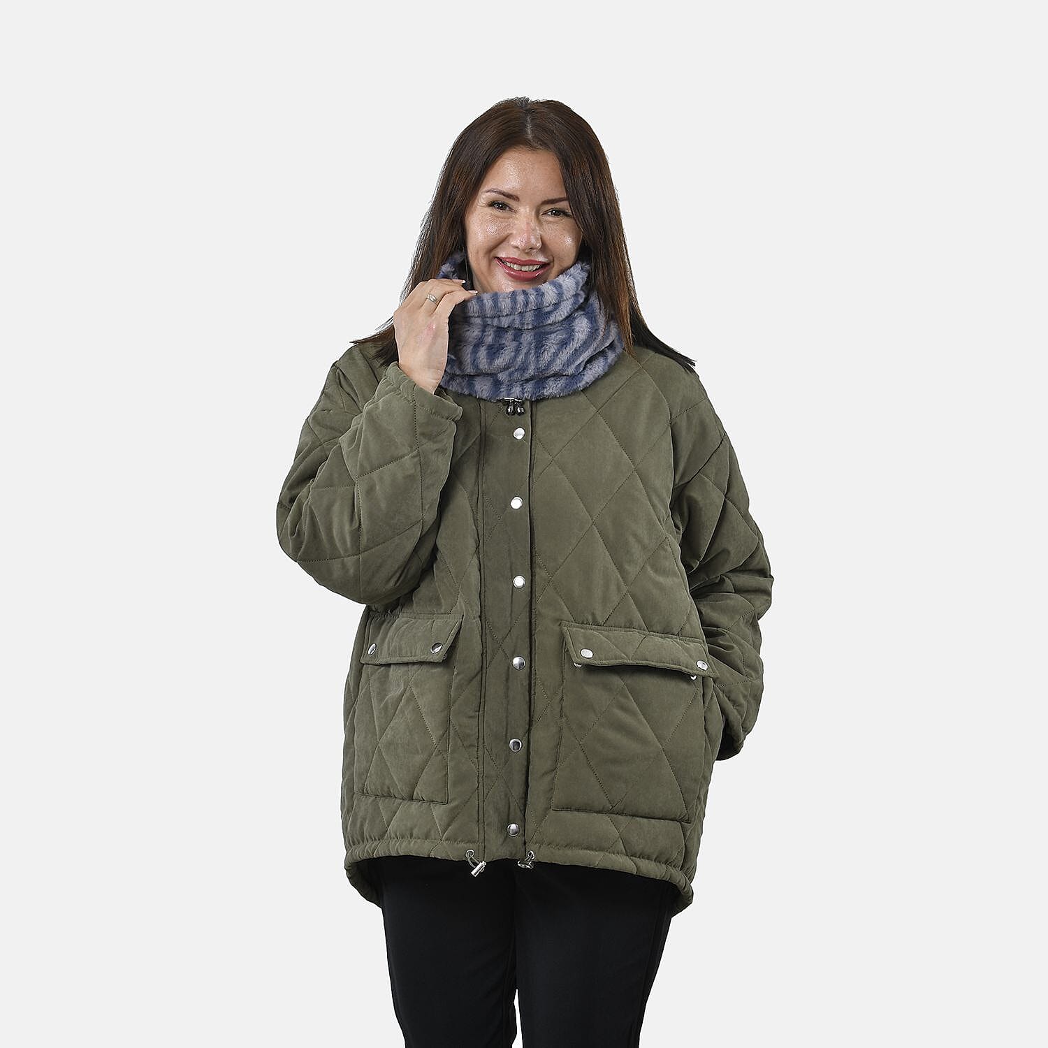 Faux Fur Snood with Drawstring (Size 35x28 Cm) - Grey & Blue