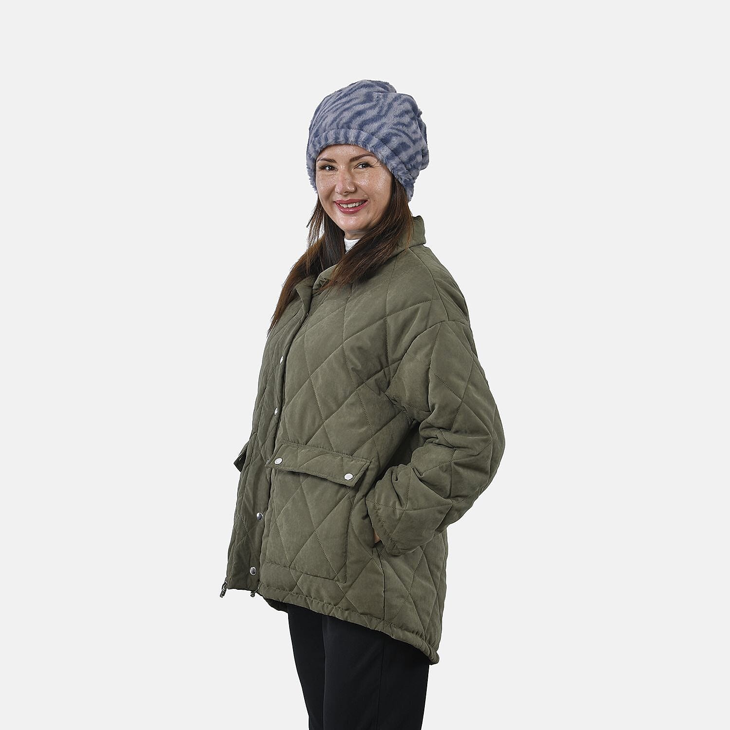 Faux Fur Snood with Drawstring (Size 35x28 Cm) - Grey & Blue