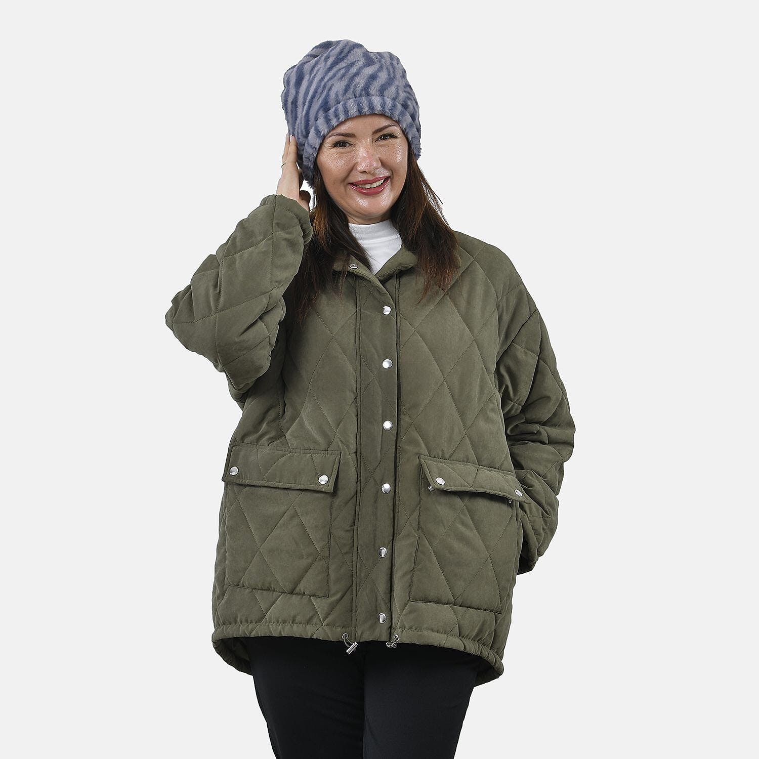 Faux Fur Snood with Drawstring (Size 35x28 Cm) - Grey & Blue