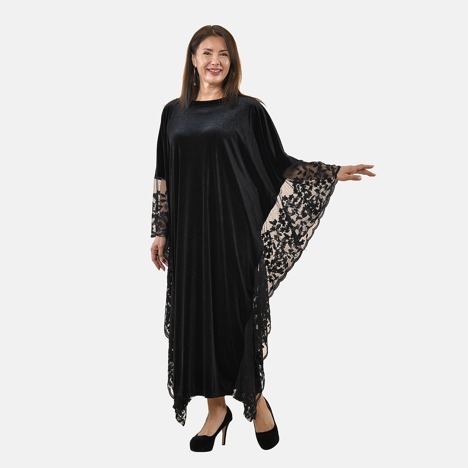 Tamsy Velvet Lace Trim Kaftan Maxi Dress (Size- 8-22) - Black