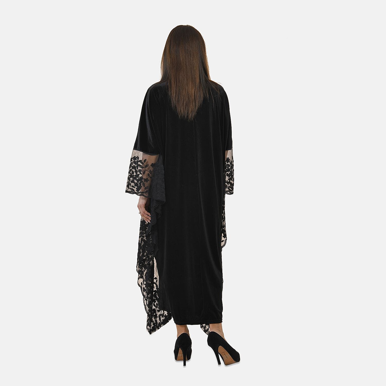 Tamsy Velvet Lace Trim Kaftan Maxi Dress (Size- 8-22) - Black